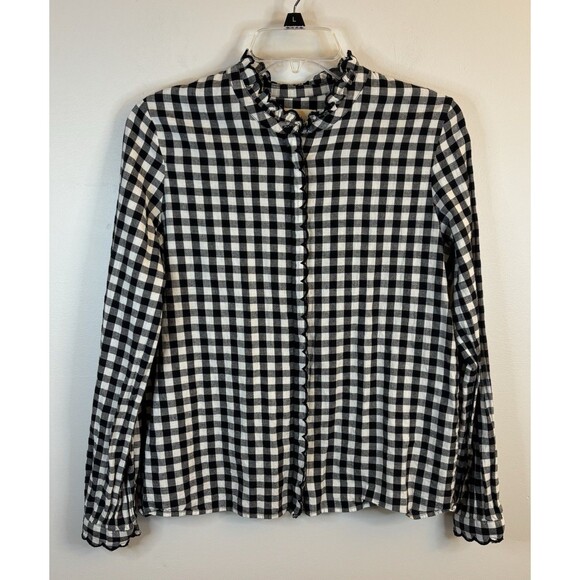 SEZANE Louise Button Up Shirt Black White Gingham 38 Ruffle Cotton Plaid Classic - Picture 2 of 14